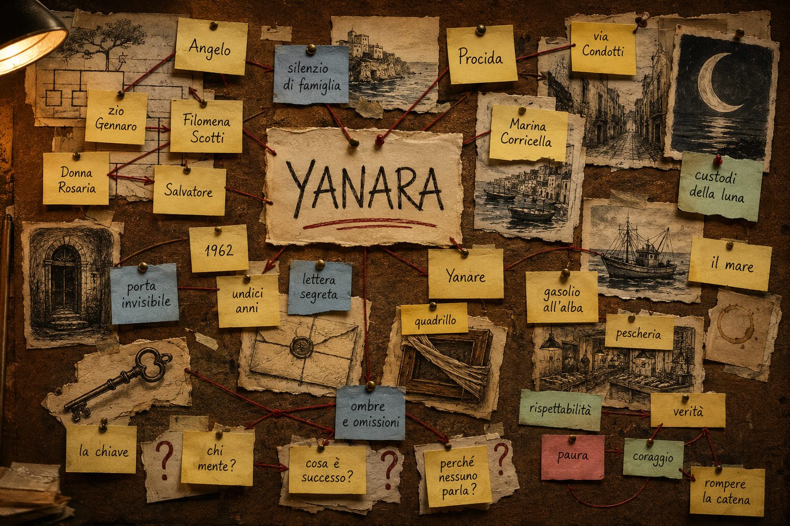 Bacheca di lavoro con post-it, nomi dei personaggi e collegamenti per il romanzo Yanara